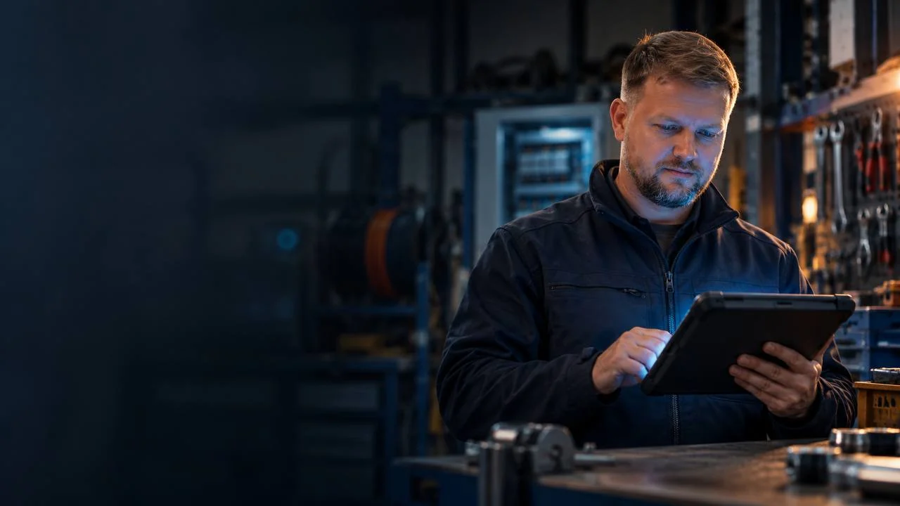 Roman Wulf mit Tablet in einer Werkstatt